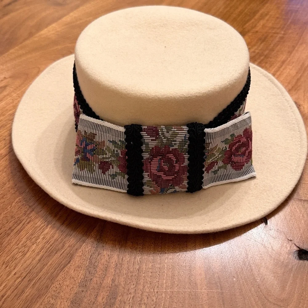 Wool Felt Boater Hat Made in USA Cream Wide Brim Floral Band Boho Rancher